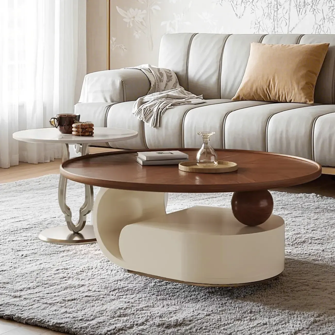 Metal Base Nesting Brown Wood Round Drawer Coffee Table