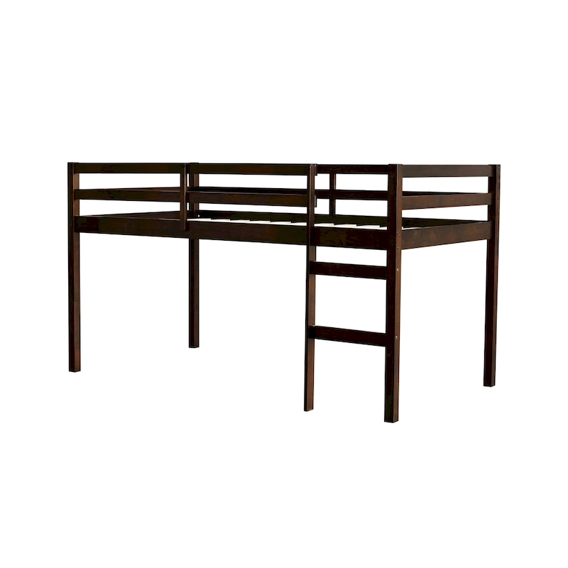 Espresso Twin Size Rubber Wooden Loft Bed with Ladder, Bed Platform of Strengthened Slats