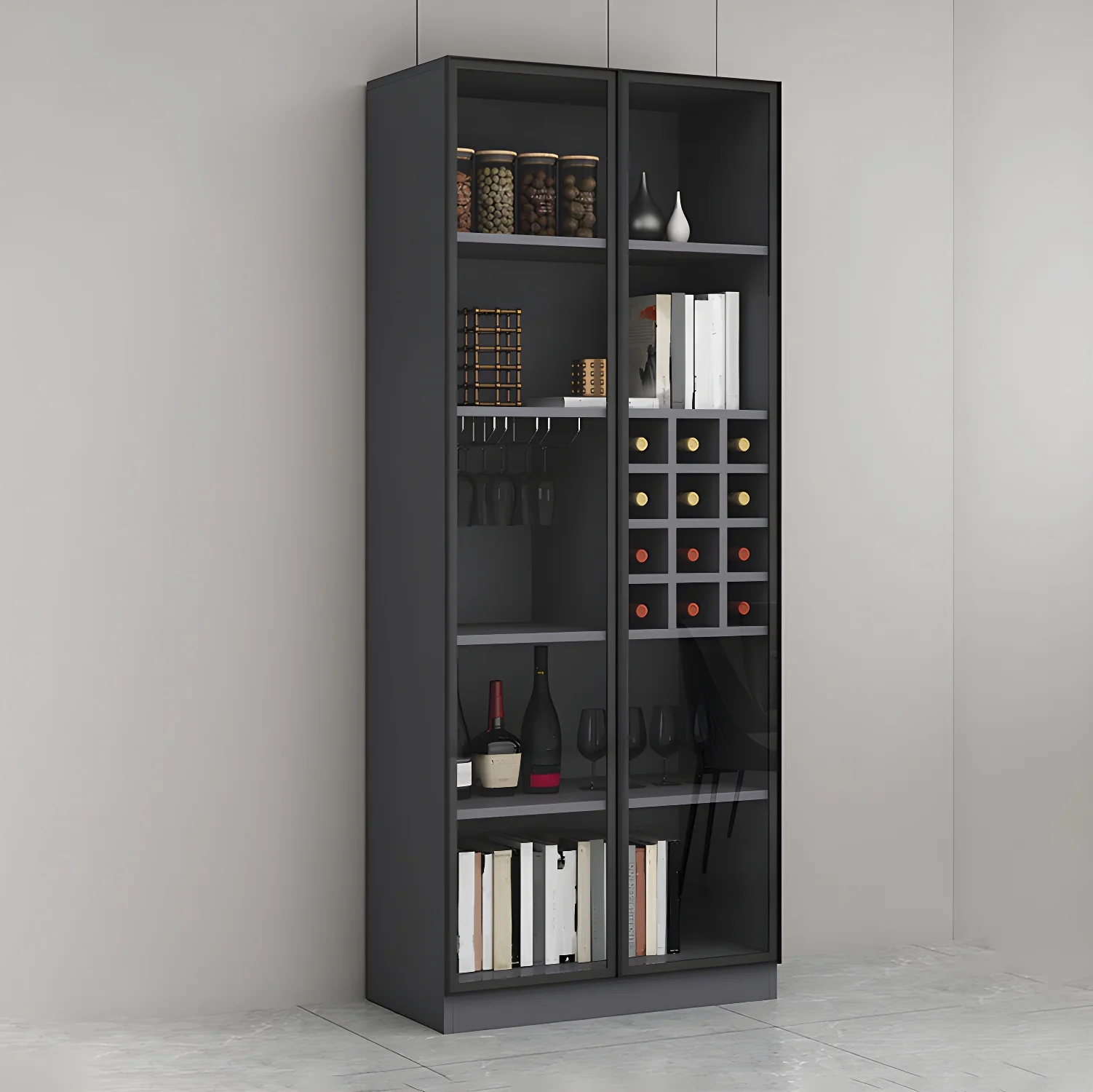 Lighting Modern Freestanding Black Wooden Wine Cabinet