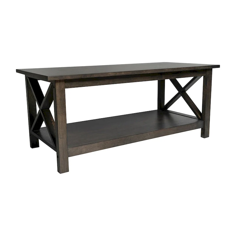 Farmhouse X-Frame Coffee Table with Shelf, Acacia Gray/Dark Gray/Walnut, Solid Wood