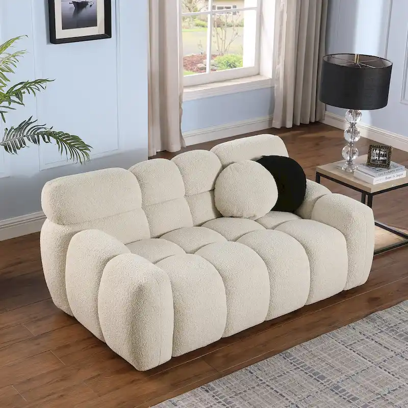 64.96 length ,35.83 deepth ,human body structure for USA people, marshmallow sofa,boucle sofa ,2 seater, BEIGE BOUCLE