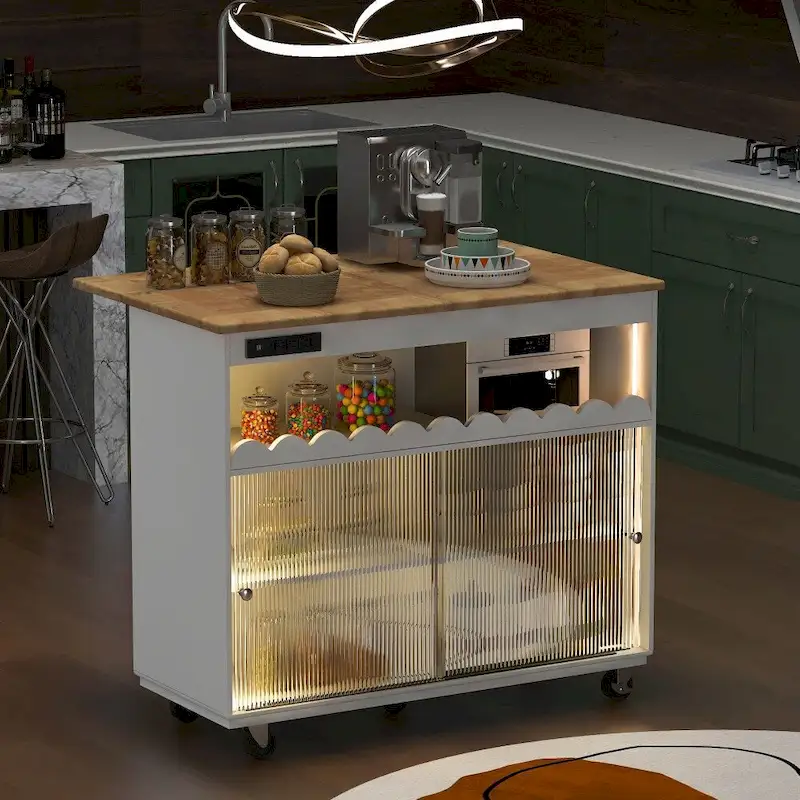 LED Light Kitchen Island on Wheels with Drop Leaf and Power Outlets