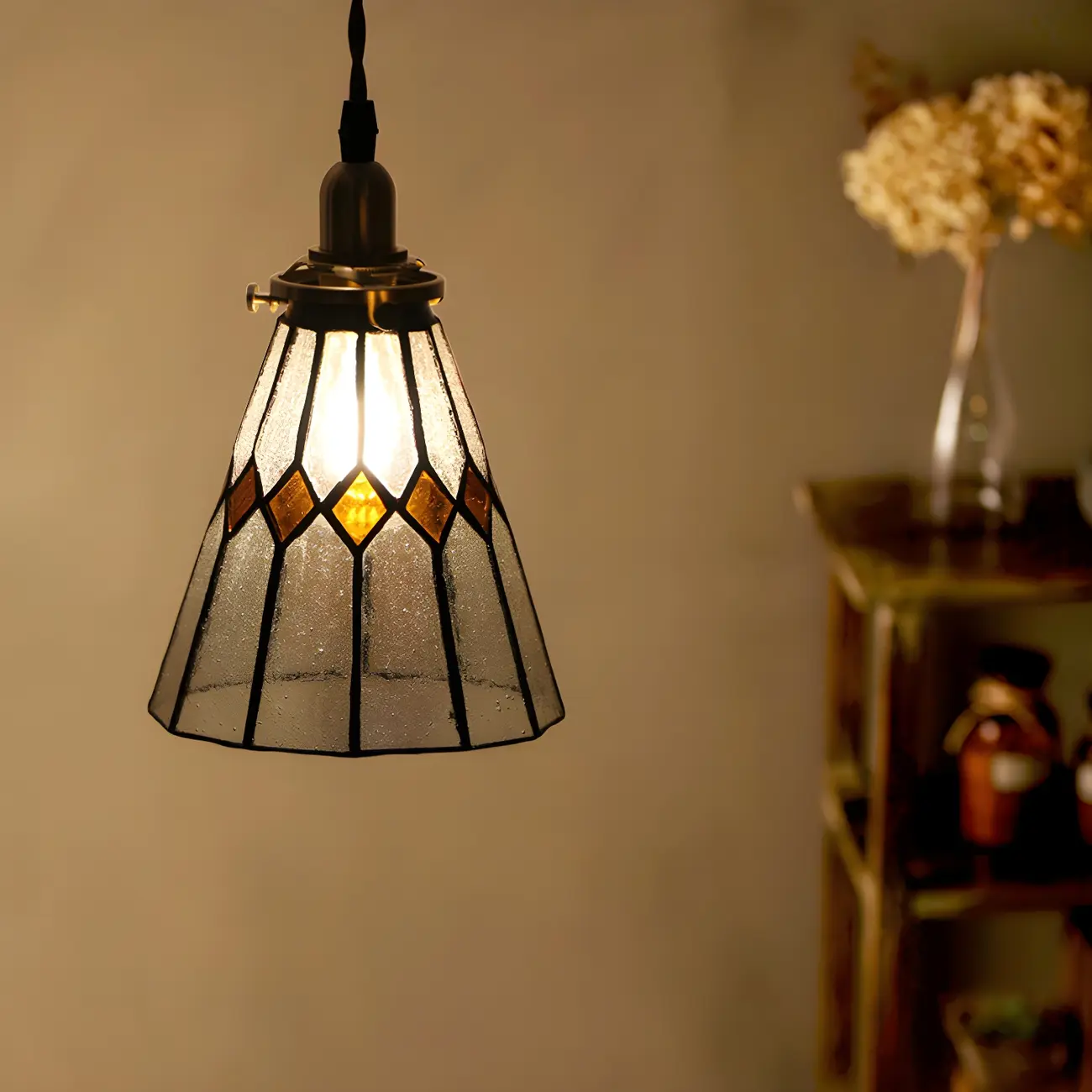 Vintage Stained Glass Brass Cone-Shaped Pendant Light