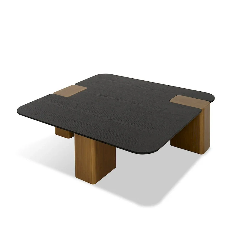 39 Inch Coffee Table, Square Black Veneer, Brushed Gold Block Legs