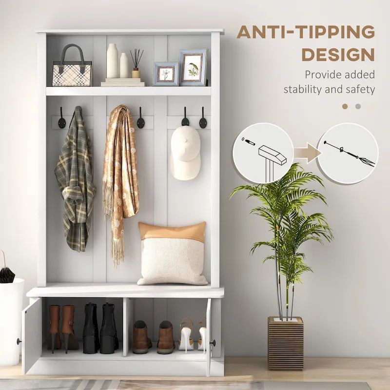 Freestanding Hall Tree, Entryway Bench with Coat Rack, Shoe Cabinet and Top Shelf