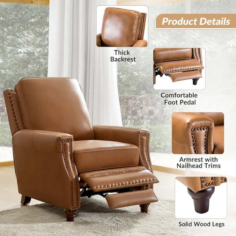 Cigar Mid-century Modern Genuine Leather Recliner with Nailhead Trim Set of 2 by HULALA HOME
