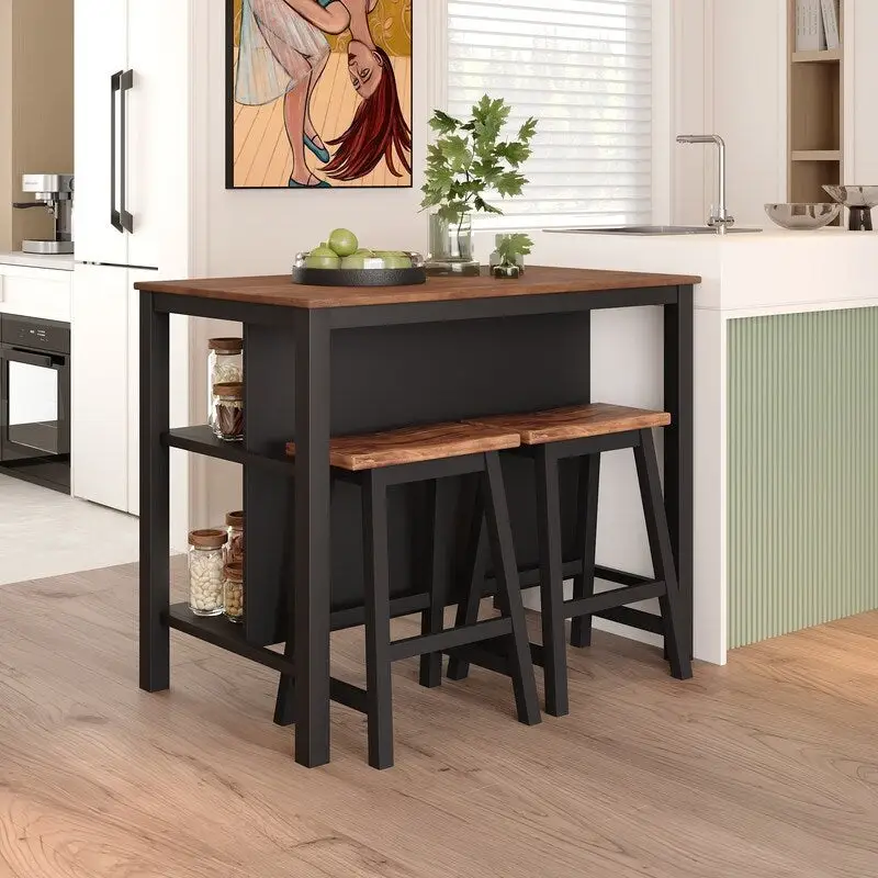 Rustic 3-Piece Solid Wood Kitchen Island Set  45 Stationary Butcher Block Table With Two Seating Stools & Dual Open Shelves.
