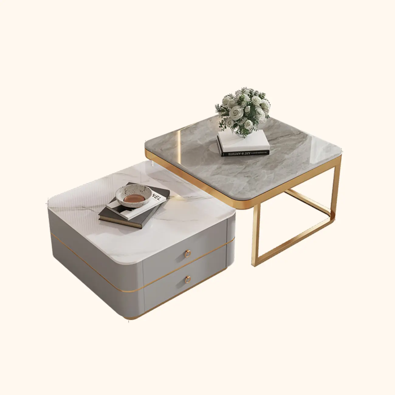 Modern Rectangular Marble Coffee Table Set with Drawers