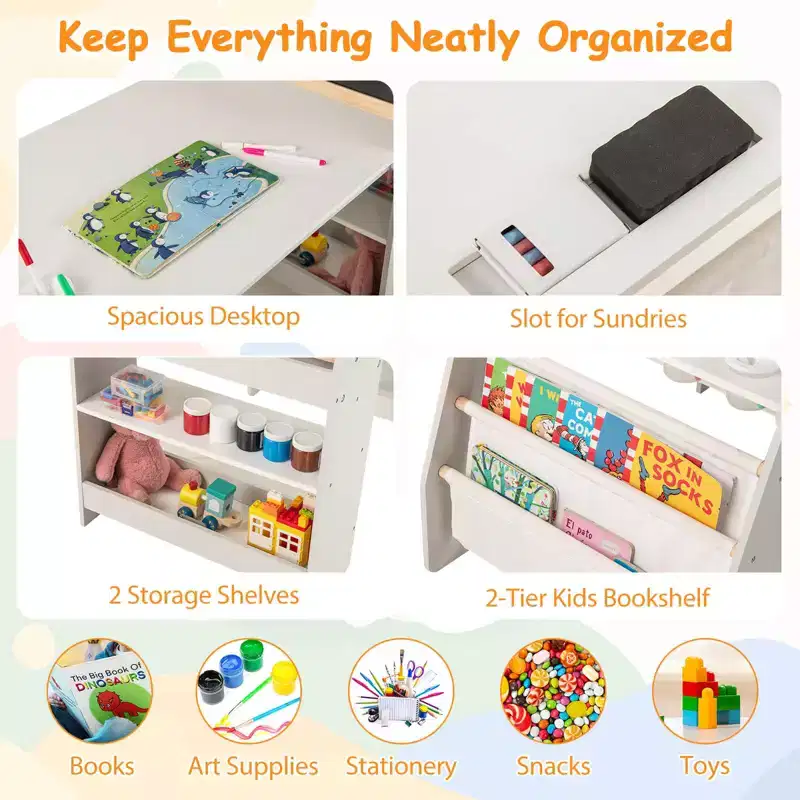 Costway Kids Art Table and Chair Set with Easel & Chair Whiteboard & Chalkboard Paper Roll