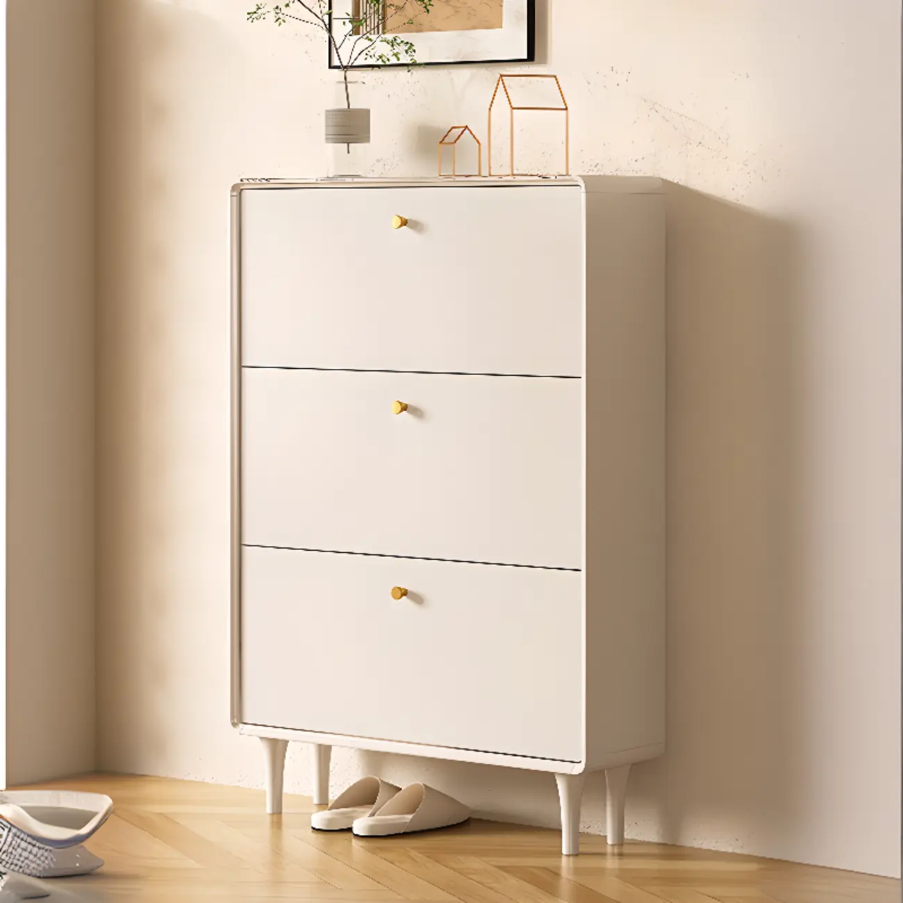 Beige Wood Entryway Shoe Cabinet with Hidden Storage