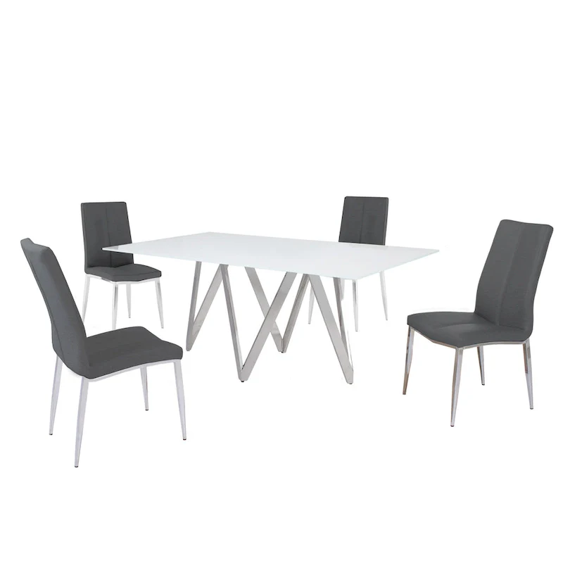 Somette Modern Dining Set with White Glass Table & 4 Chairs