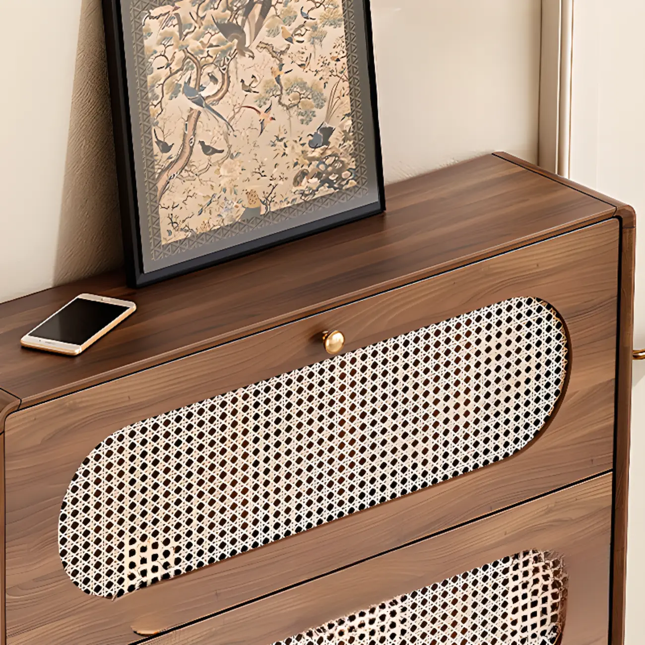 Bohemian Slim Brown Drop-Front Wood Shoe Cabinet