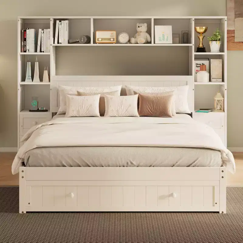 GDFStudio Polly Queen Size Pine Wood Platform Bed with Nightstands and Bookcase Cabinet