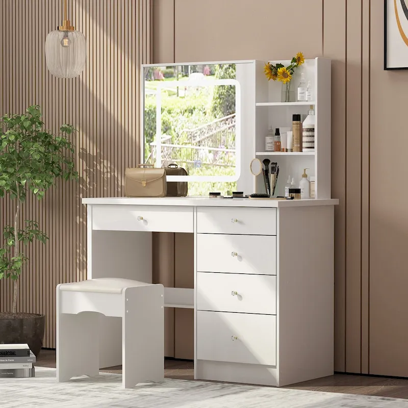 39.4Wide Makeup Vanity Set with Stool and 3 Color Touching Mirror - 39.4W