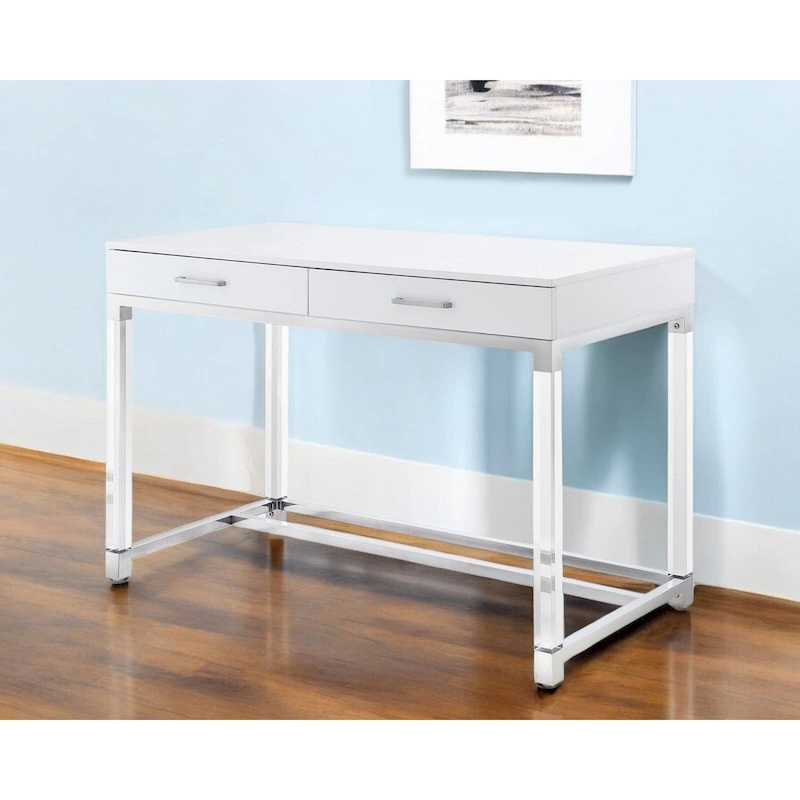 HomeRoots 48 White Clear and Gold Wood Acrylic and Stainless Steel Writing Desk With Two Drawers