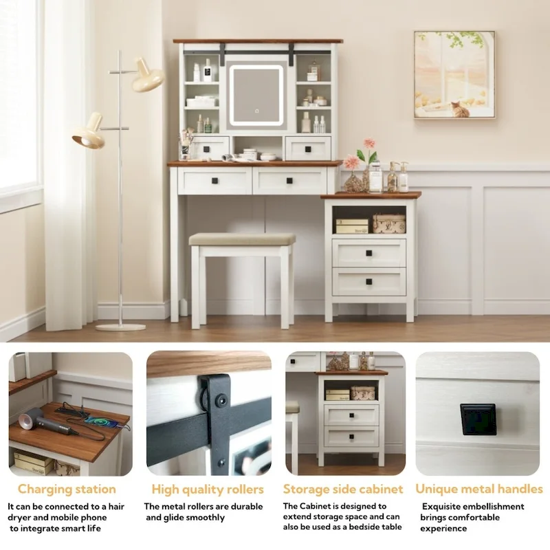 46.5 Farmhouse Makeup Vanity Desk with Adjustible LED Lighted Mirror and Charging Station, Rustic Dressing Vanity Table