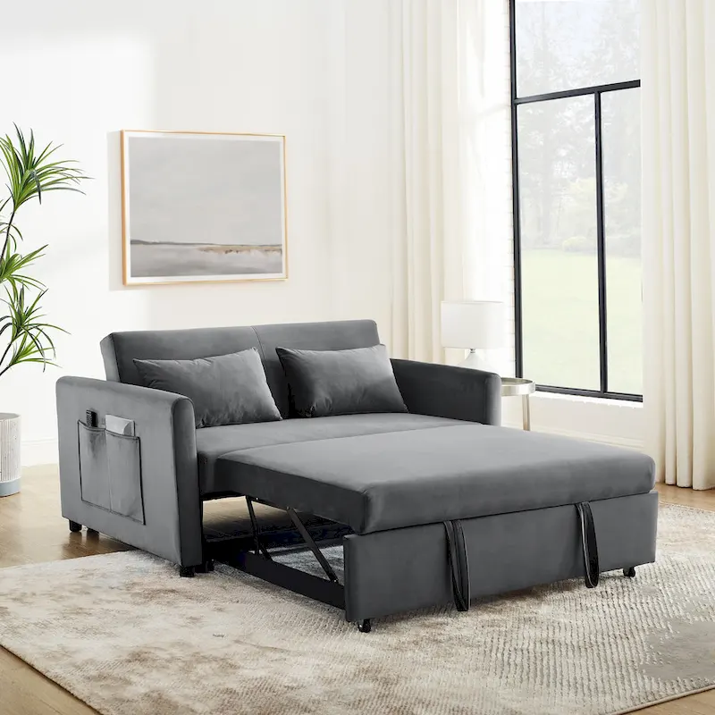 Convertible Sofa Bed, 3-In-1 Versatile Velvet Double Sofa With Pullout Bed