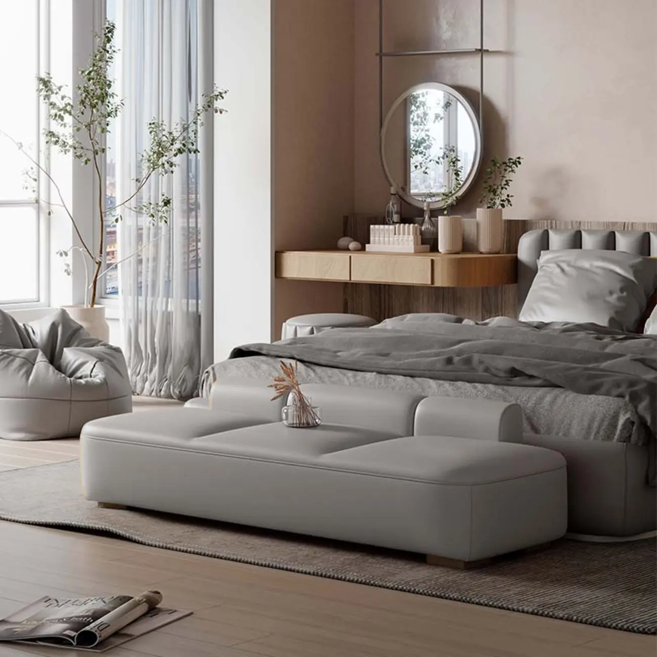 Modern Upholstered Leather Tufted Long Bedroom Bench