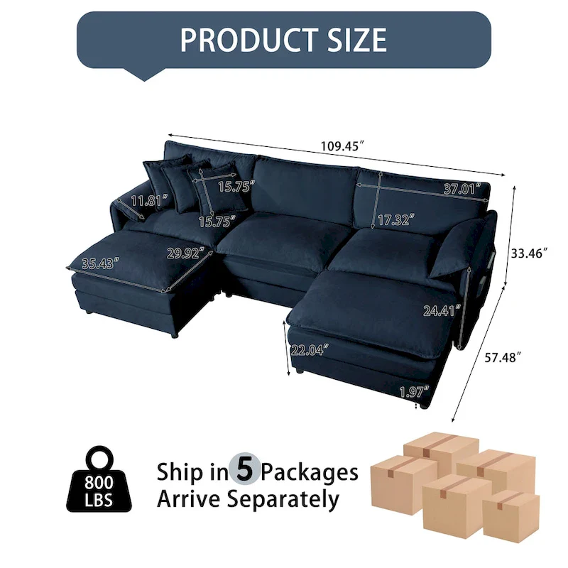 109.45 Chenille Upholstered U-Shaped Modular Sectional Sofa with Double-Layer Cushions, DIY Combination