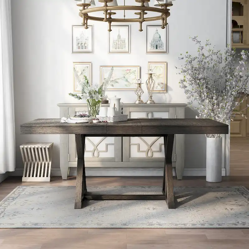 Expandable Dining Table, Rustic Farmhouse, Trestle Base, 18" Leaf, Wood, 60"-78"L x 40"W x 31"H, Grey