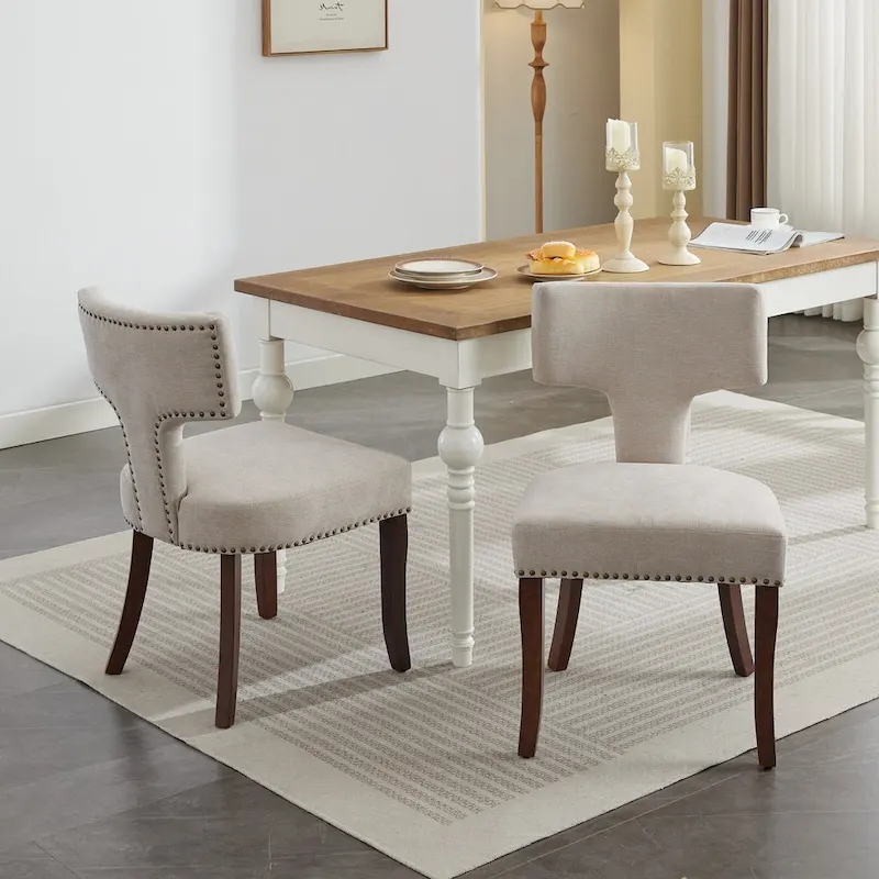 Modern Dining Chairs Set of 2, Linen Fabric Upholstered Accent Chair Curved Backrest Kitchen Chairs with Rubberwood Frame