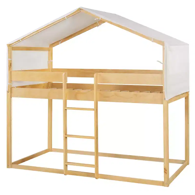 CLIHOME Rustic Twin Over Twin Wood Bunk Bed Frame with Tent and Ladder