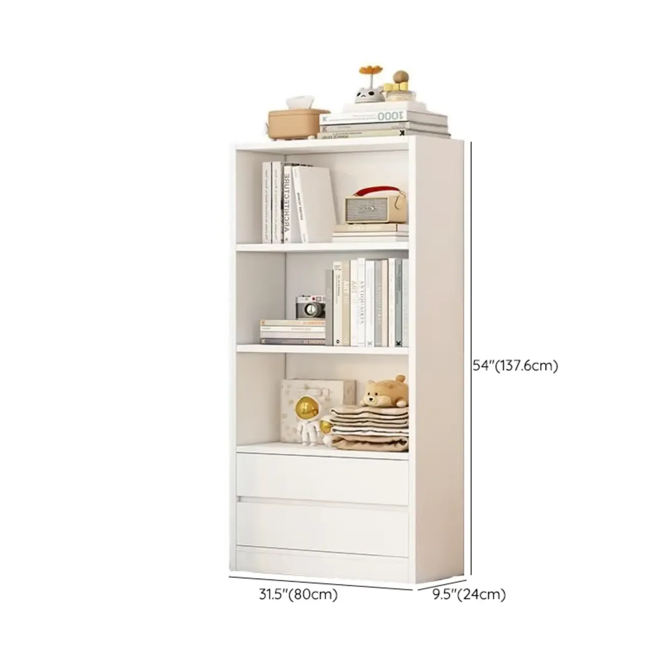 Simple Wooden White 3-Tier Bookcase with Drawers