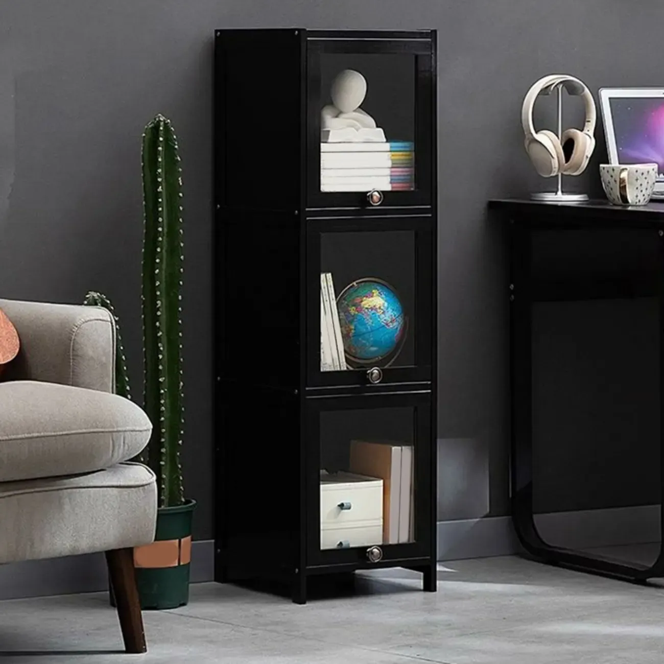 Sleek Black Bamboo Glass Display Cabinet for Living Room