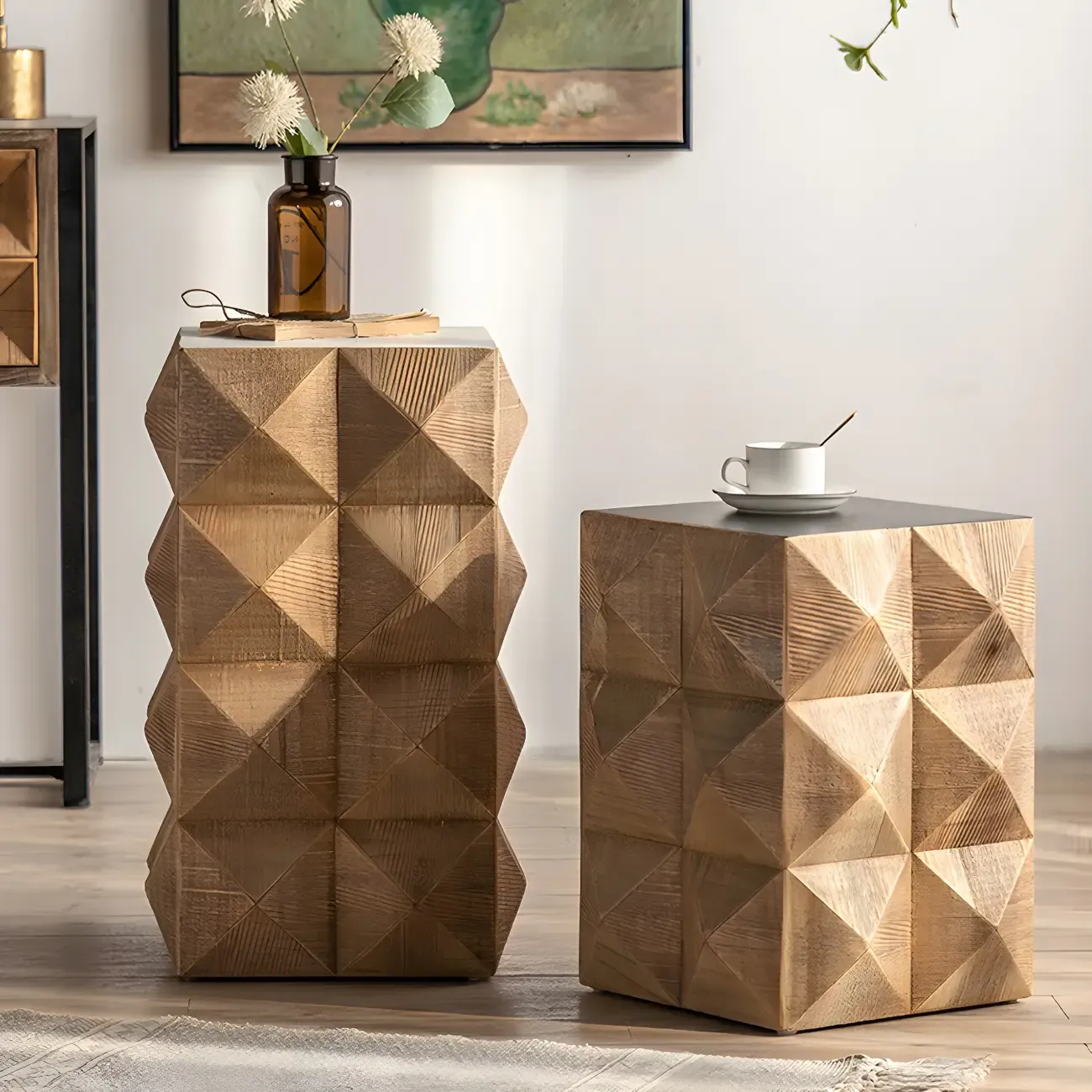 Elegant Geometric Wooden Block Accent Side Table