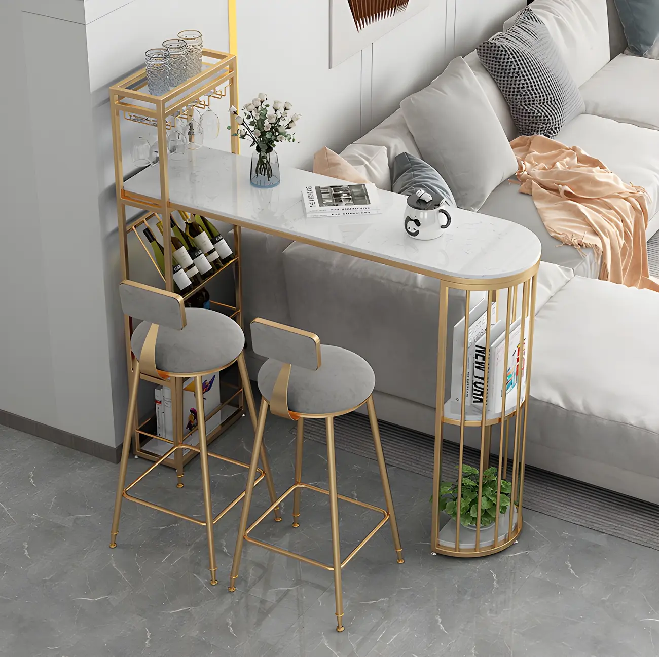 Glam Gold Faux Marble Iron Wine Holder Bar Tables