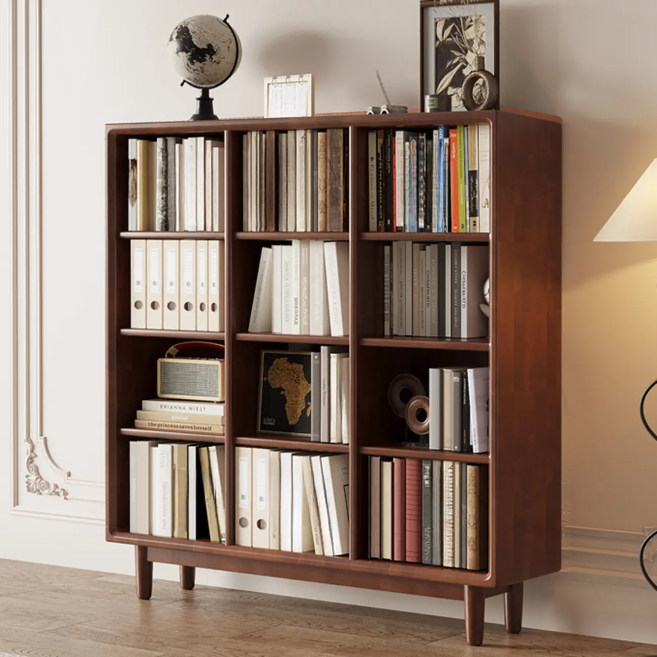 Mid Century Modern Oak Wood Closed Back Standing Bookcase