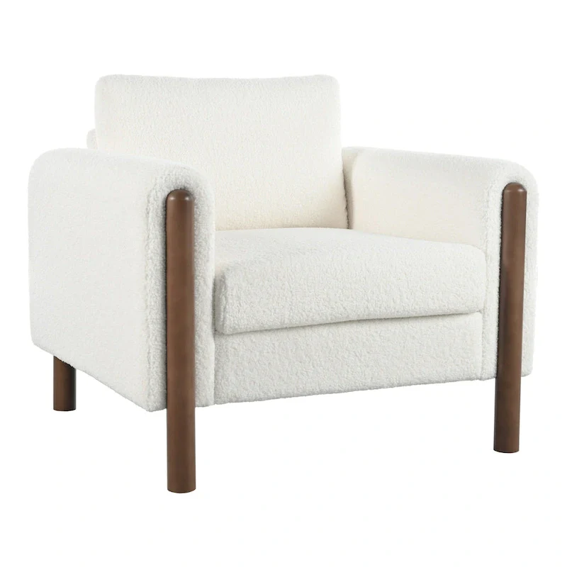 White 33.5 Upholstered Accent Chair with Walnut Legs and Curved Handrail