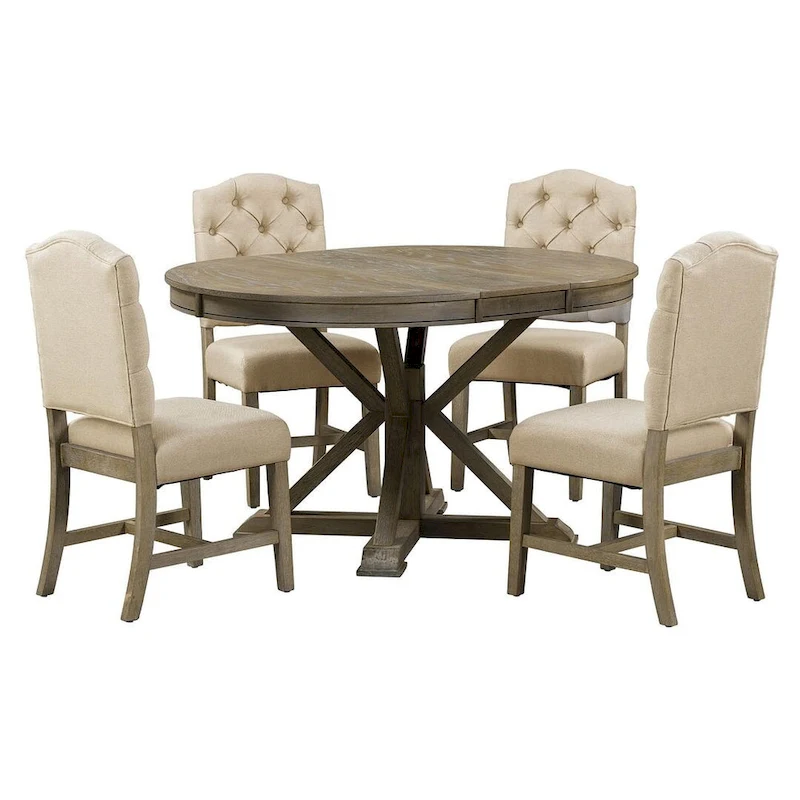 Wooden Round Drop Leaf Extendable Dining Table Set with 4 Upholstered Chairs