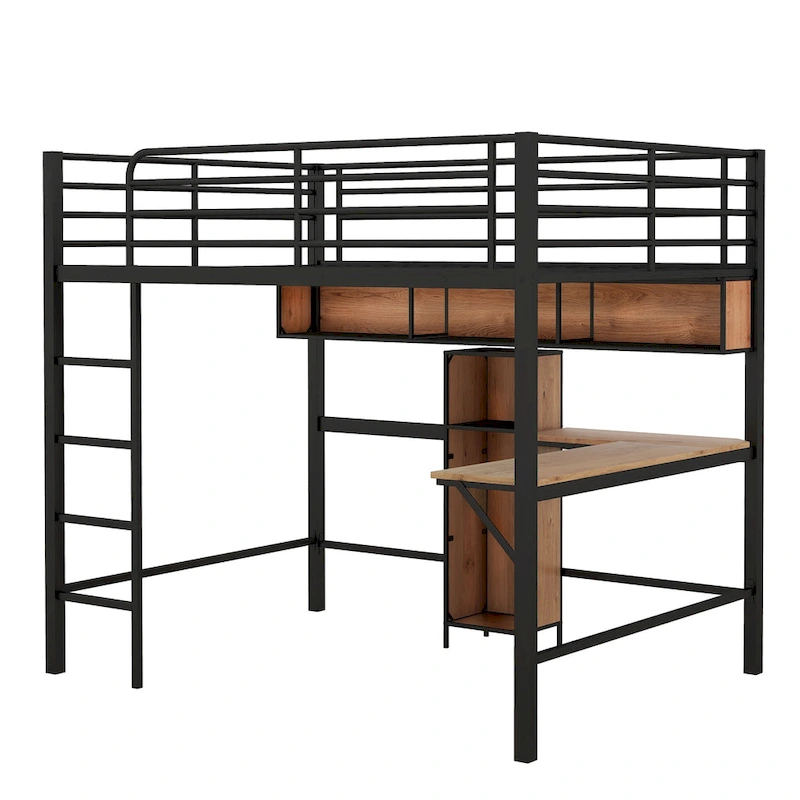 Full Size Metal & Wood Loft Bed with L -shaped desk and shelves, Black and Brown