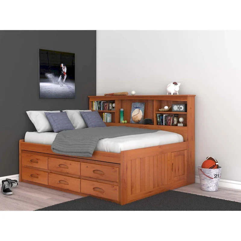 Honey Solid Pine Bookcase Headboard Daybed with 6 Drawers – Full, Single Sleeper