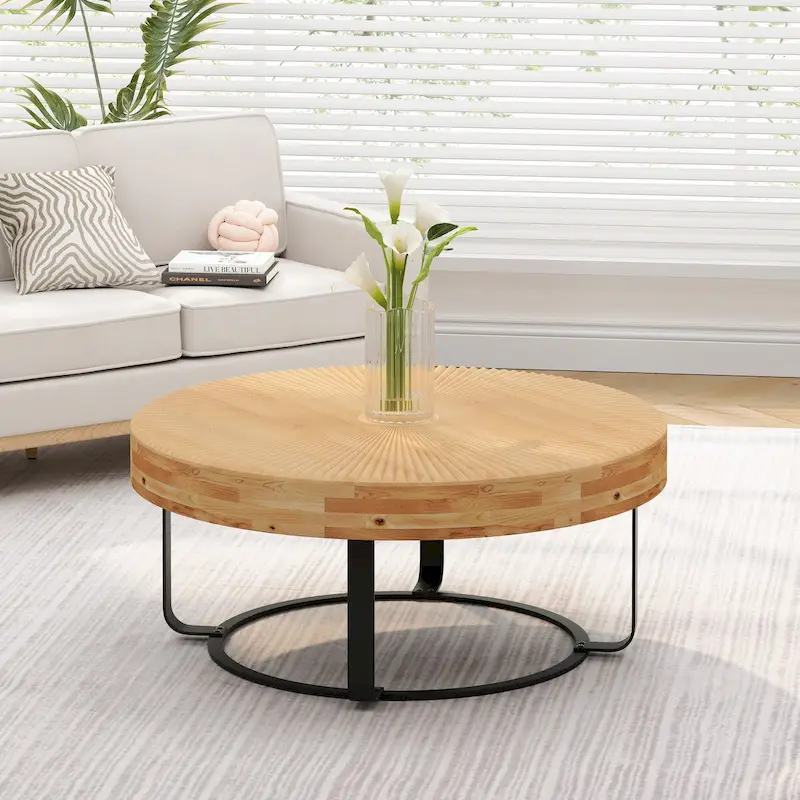 Modern Round Coffee Table Wooden Carving Pattern Coffee Table with Metal Legs for Living Room Reception Room Office ,Black