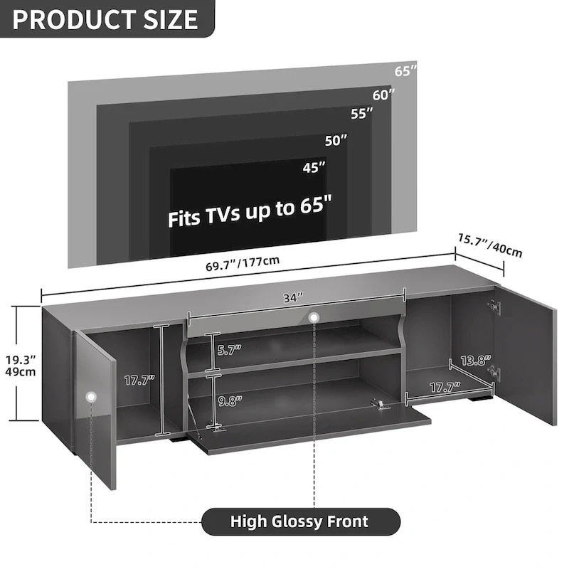 Moasis 70-inch High Glossy Wood TV Stand LED Entertainment Center Media Console