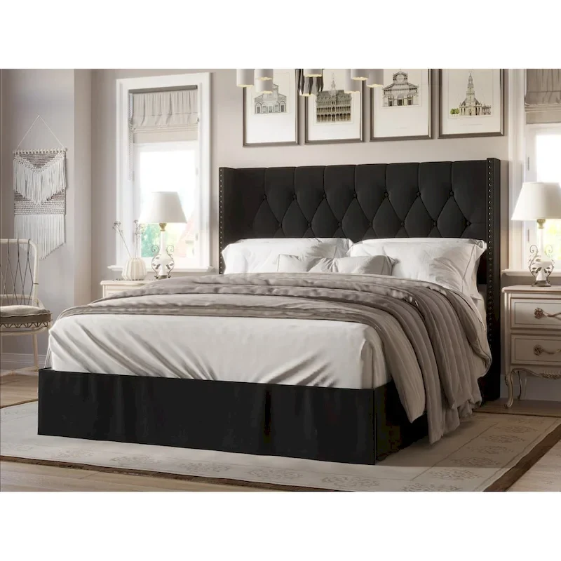 Tufted Upholstered Panel Bed, Wingback Headboard, Nailhead Trim, Seats 2, Grey/Black/Beige/Denim Blue, Twin/Full/Queen/King