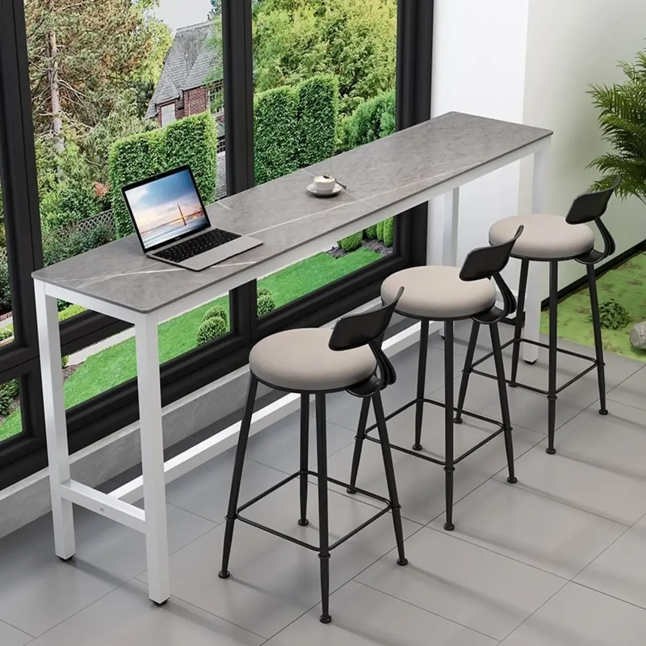Modern Grey Stone Top Bar Height Table with Trestle Base