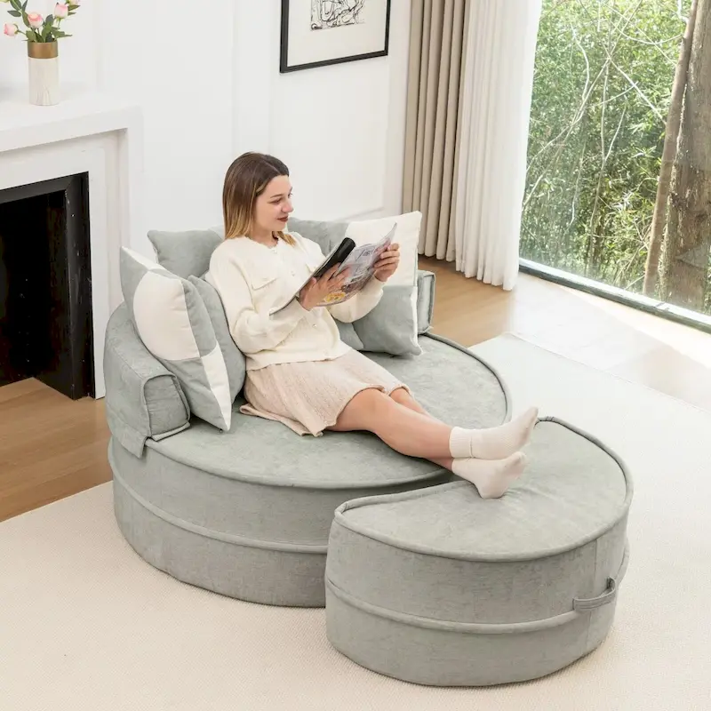 Modern Round Barrel Accent Chair with Ottoman - Velvet Lounge Sofa