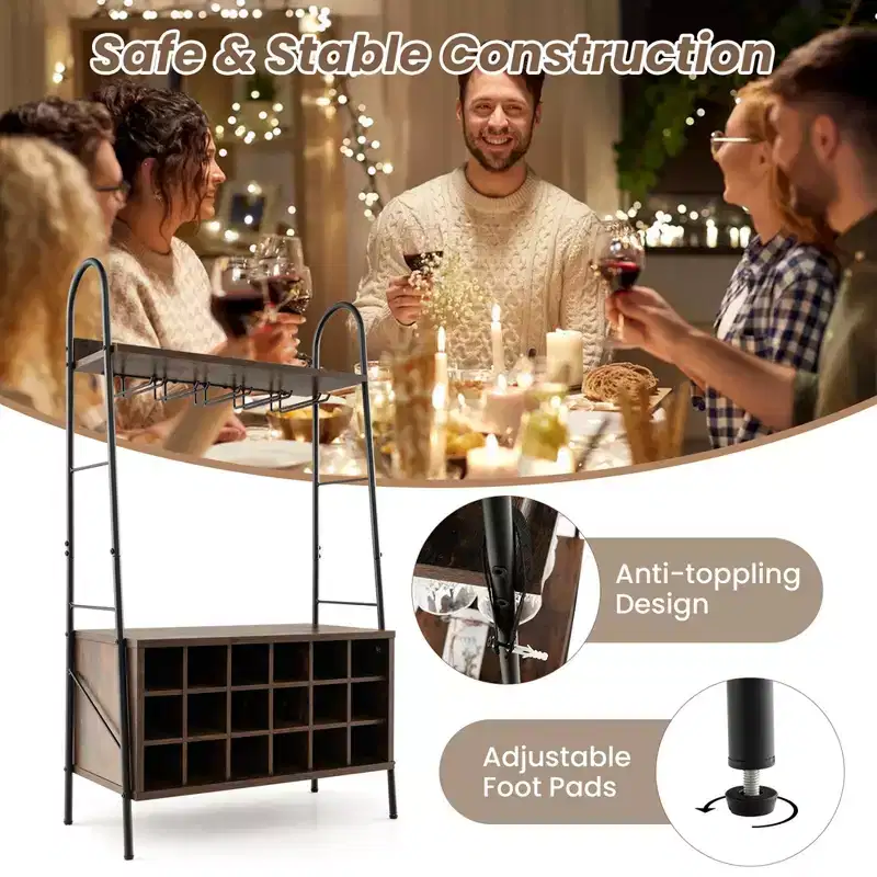 Costway Industrial Rack Freestanding Bottle Holder with Stemware Holder & Open Shelves