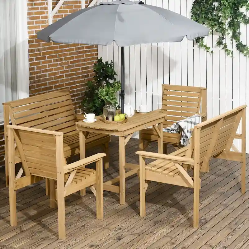 5-Piece Wooden Patio Dining Set for 6 with 2 Armchairs,2 Loveseats,and 1 Dining Table with Umbrella Hole