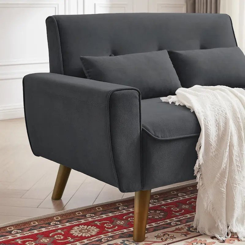 48.82 Small Tufted Loveseat Sofa with 2 Pillows and Tapered Wood Legs