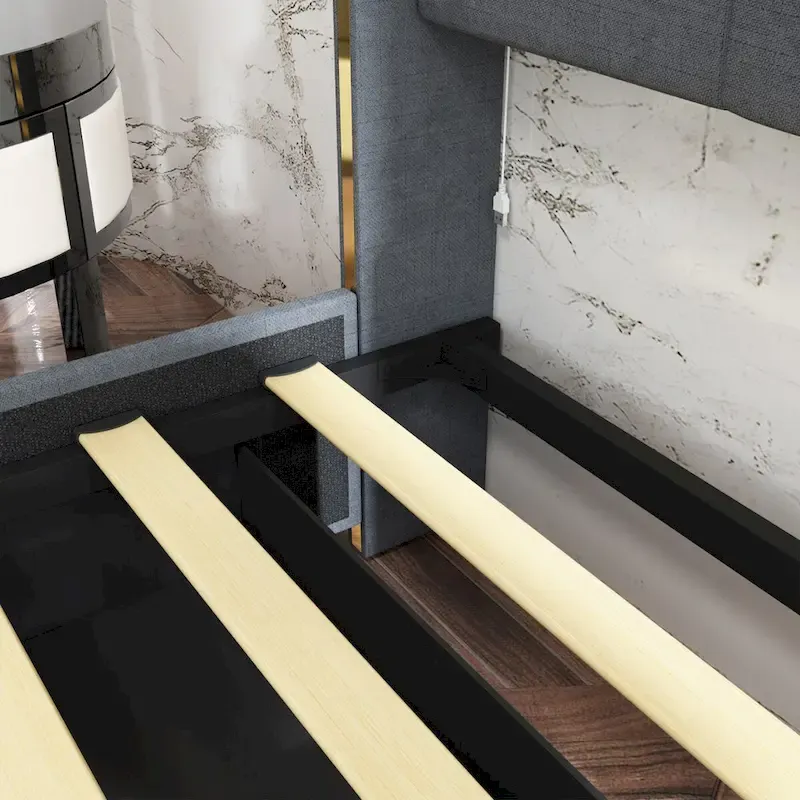 Modern Illuminated Bed Frame with Gold Trim - Chic Upholstered Design