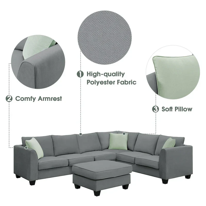 112-inch L-shaped 7-seat Modular Sectional Sofa with Ottoman and Three Pillows - 112W x 87D x 33H
