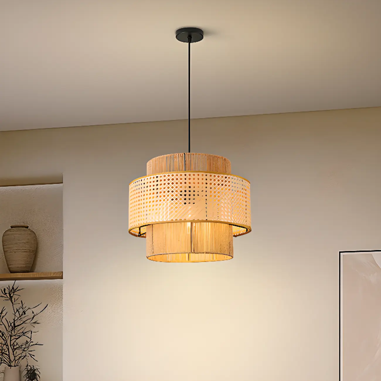 Contemporary Rattan Yellow Cylinder Hanging Pendant Lighting