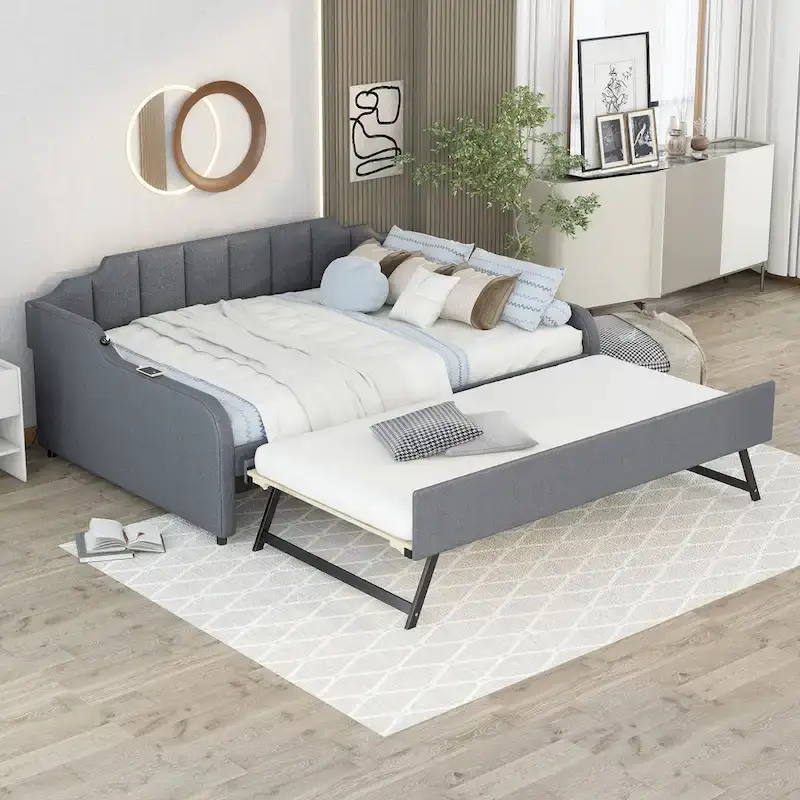 Upholstery Daybed with Trundle and USB Charging Design