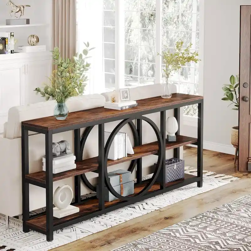 70.9-inche Sofa Console Table with Creative Metal Leg Design, 3 Tiers Narrow Long Accent Tables for Entryway