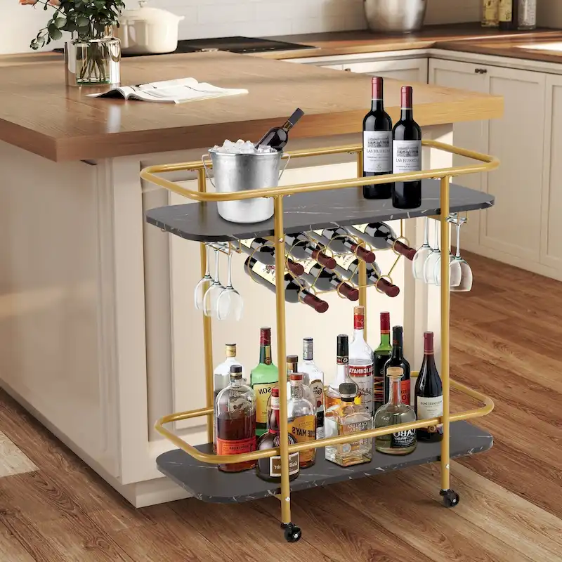 EROMMY Gold Bar Cart with Wheels, Rolling Liquor Cart with Wine Rack and Glass Holder, Modern Bar Trolley for Home Kitchen.