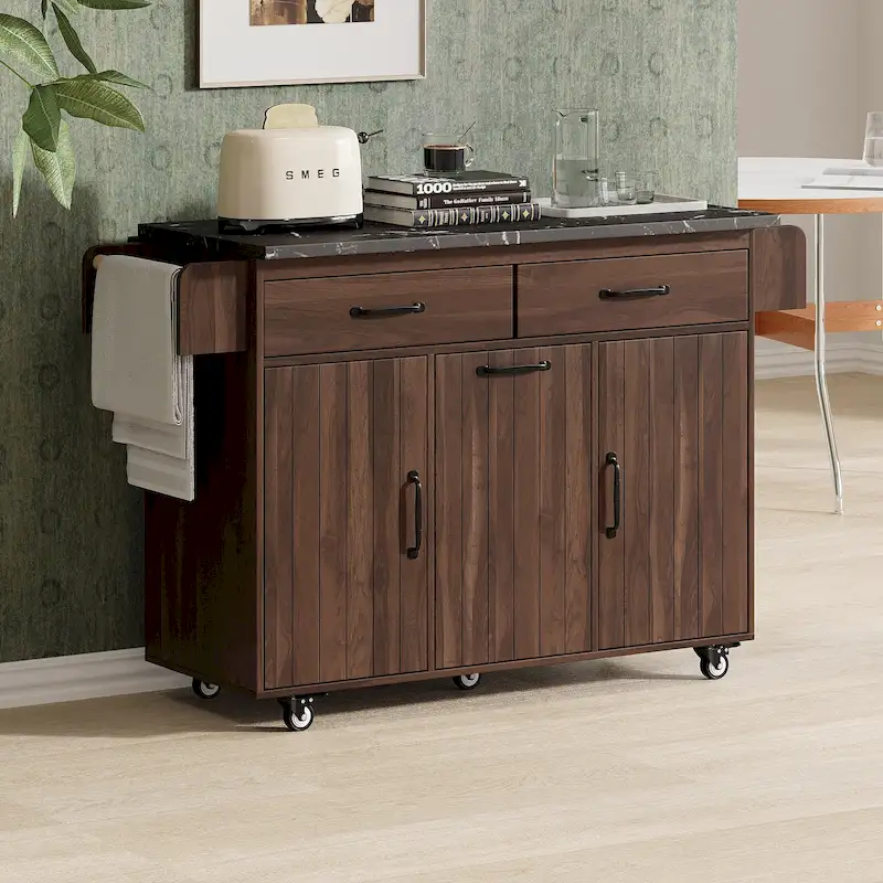 51 in. W Rolling Kitchen Island Cart with Drop Leaf and Tilt-out Trash Can